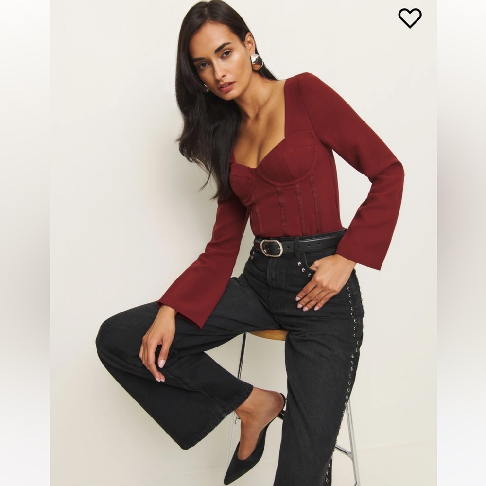 Reformation Amina Burgundy Long-Sleeve Sweetheart Corset Top